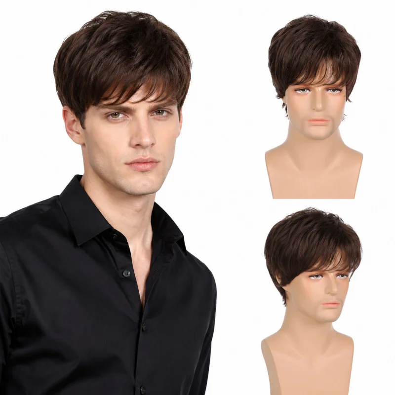 

Fashionable Men's Short Straight Brown Synthetic Wig High-Temperature Fiber Hairpiece