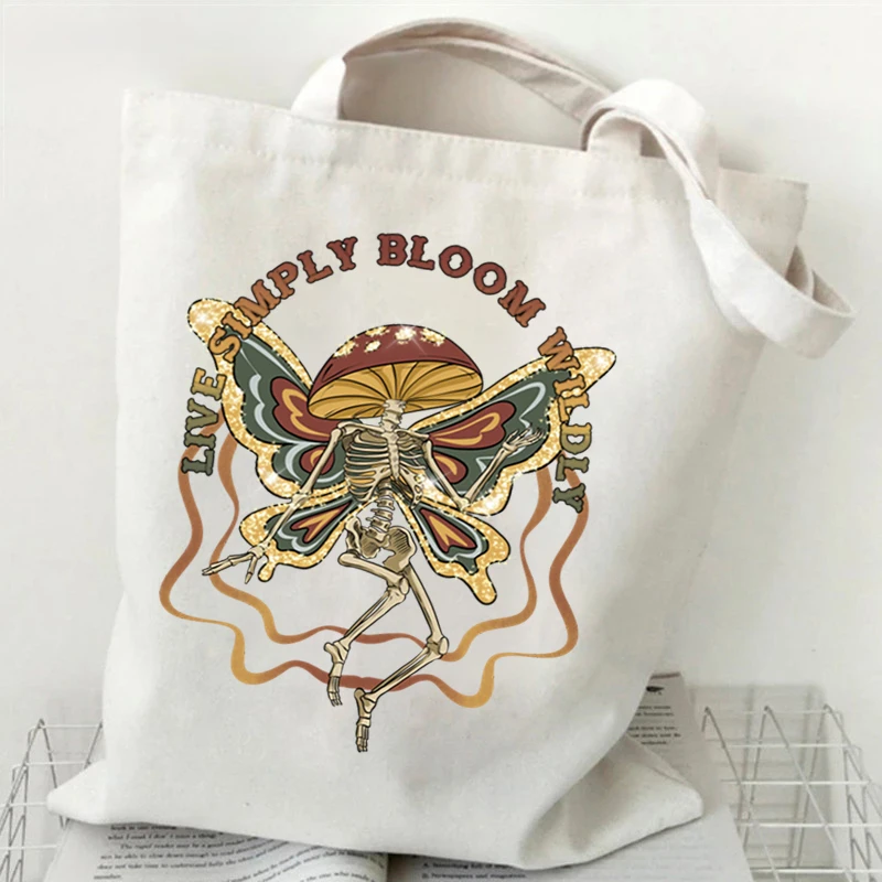 Women Tote Bags Aesthetic Mushroom Head Dancing Butterfly Skeleton Storage Bags Positive Quotes Retro Flower Canvas Shopping Bag