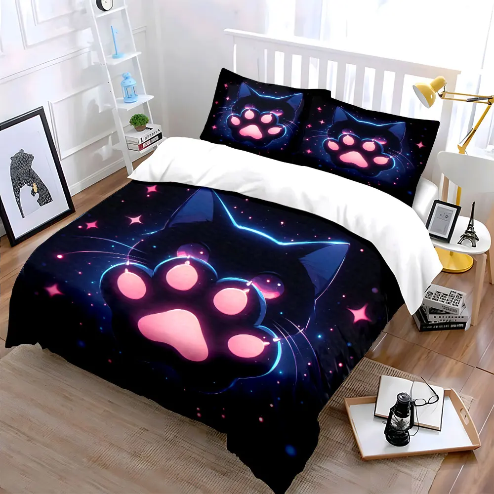 

Neon Cat Paw with Starry pattern Bedding Set for Kids Luxury Gift 3pcs Digital Print Comforter Set Soft Comfortable Breathable