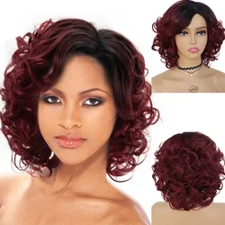 GNIMEGIL Synthetic Hair Afro Wig Kinky Curly Wigs for Black Women Short Hairstyle Wine Red Ombre Wig Dark Root Soft Hair Bob Wig