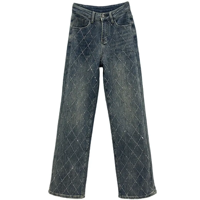 Calças de brim de luxo strass para mulheres cintura alta denim jeans elegante losango calças largas y2k moda feminina denim