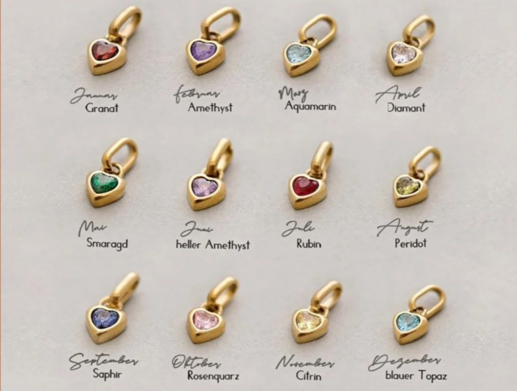 Romantic Stainless Steel 18K Gold Plated Dreamy Heart Birthstone Charm Collection Bezel Setting Colorful Gemstone Pendant Jewel