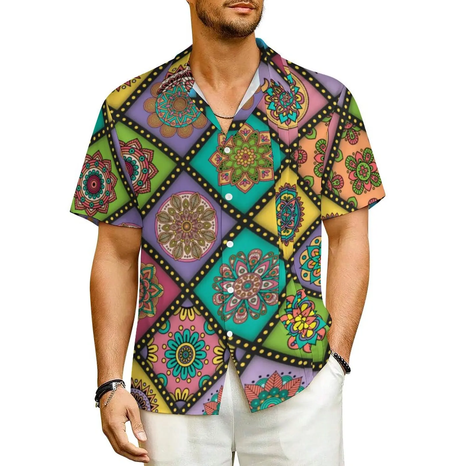 Retro Mandala Patchwrok Beach Shirt Male Colorful Print Elegant Casual Shirts Summer Short-Sleeve Streetwear Oversized Blouses