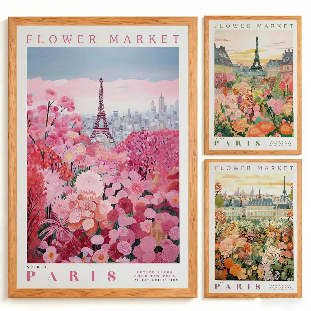 Paris Flower Market HD Wall Art Poster Eiffel Tower Cityscape French Botanical Floral Art Home Decor Living Room Bedroom Gift