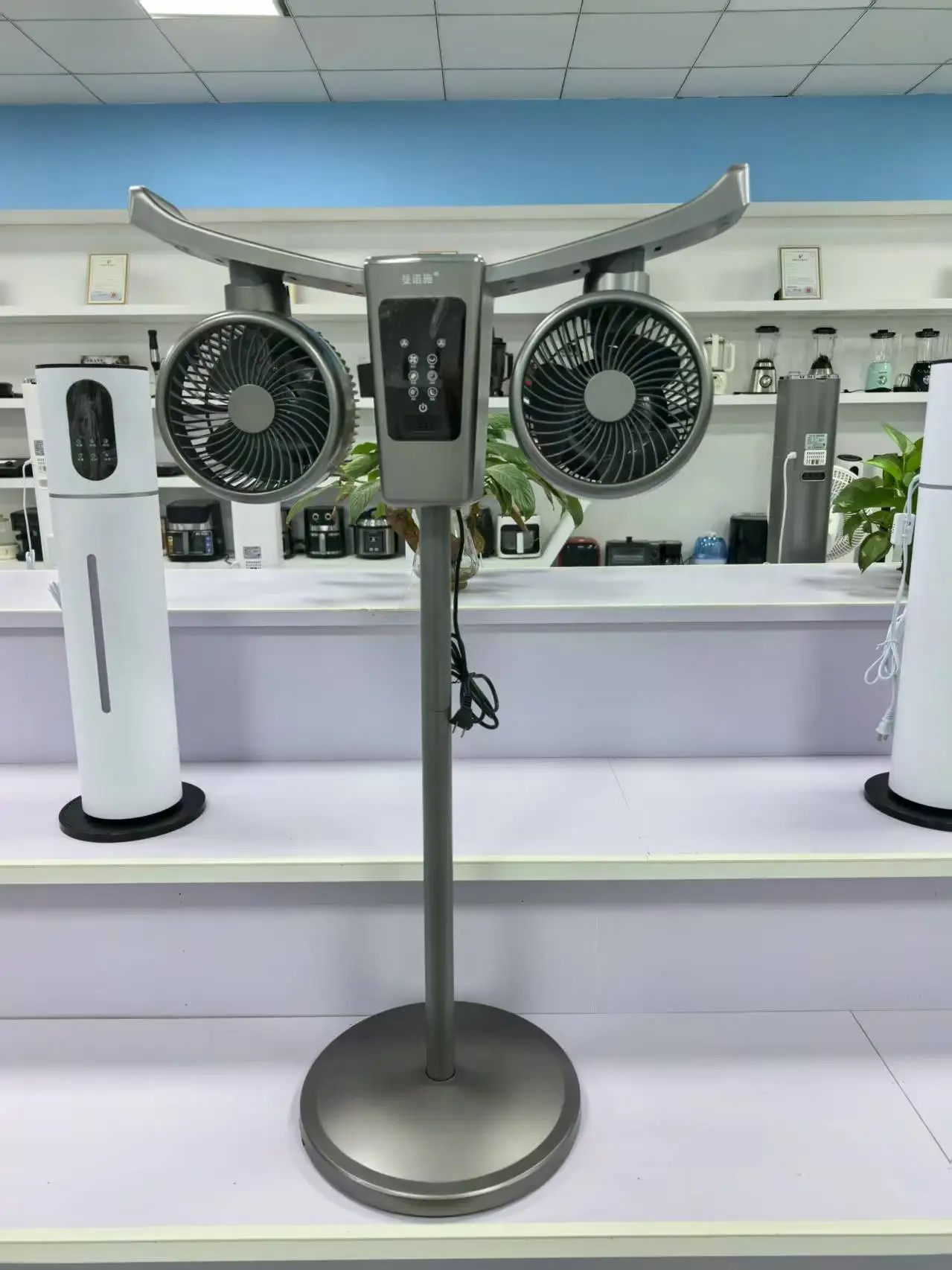 Smart home dual-head electric vertical fan, 12-hour timer, touch control, portable 6-speed settings, automotive