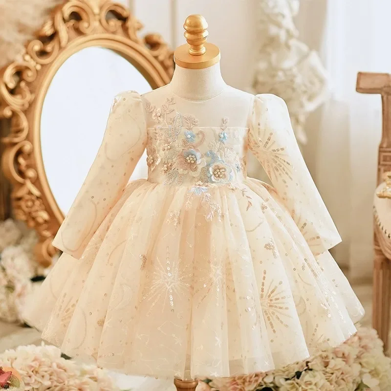 

New Long Sleeve Infant Gown 1st birthday Baby Princess Costume Party Wedding Flower girl Dresses For Kids Communion banque Frock