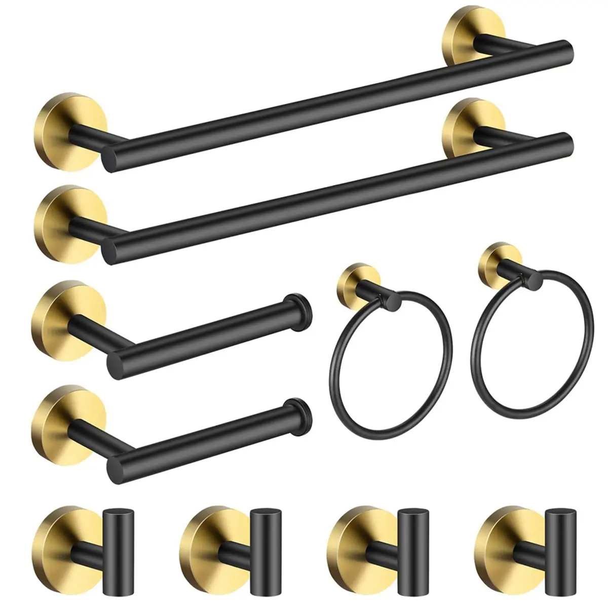2026 New 10 Pack Bathroom Hardware Set Black and Gold Towel Bar Set 16 Inch Towel Bars Stainless Steel Bathroom Towel Bar Set