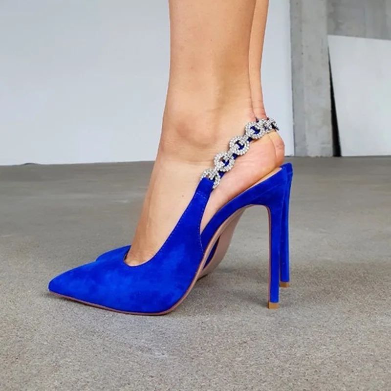 

Royal Blue Suede Crystal Slingback High Heel Shoes Stretch Pointed Toe Shallow Stiletto High Heels Pumps Hollow Women Party Shoe