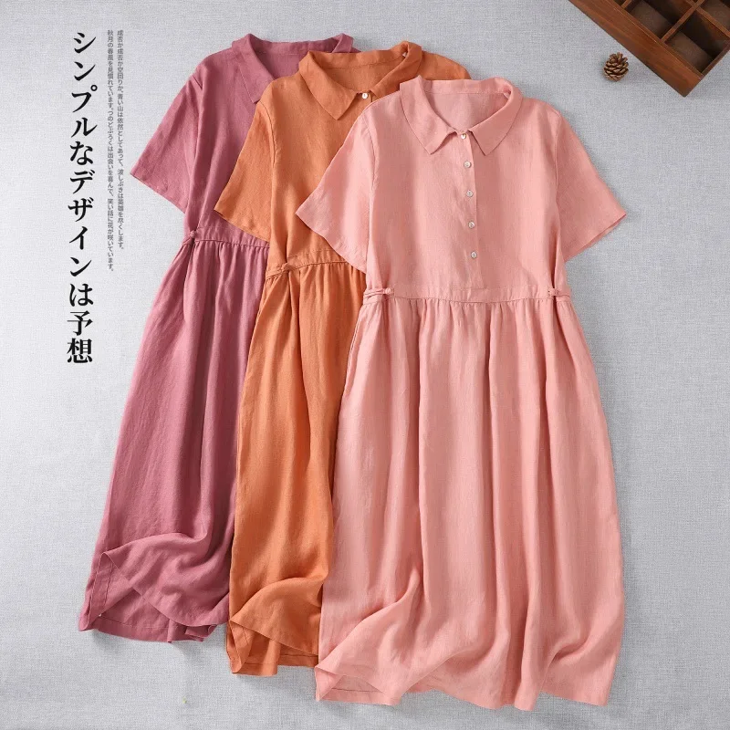 

LOOSE FIT Literary Cotton Linen Short Sleeve Large Size Skirt Doll Collar Pullover Shirt Dress