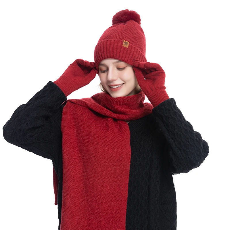 Conjunto de tres piezas de ropa de otoño e invierno: gorro, guantes y bufanda de punto de lana con forro polar de doble capa