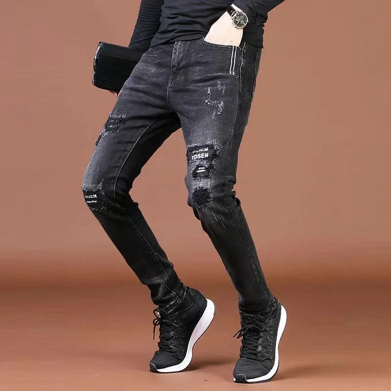 

Men's Jeans Broken Man Cowboy Pants Skinny Trousers Torn Slim Fit with Holes Pockets Tight Pipe Black Ripped Trend 2024 Regular