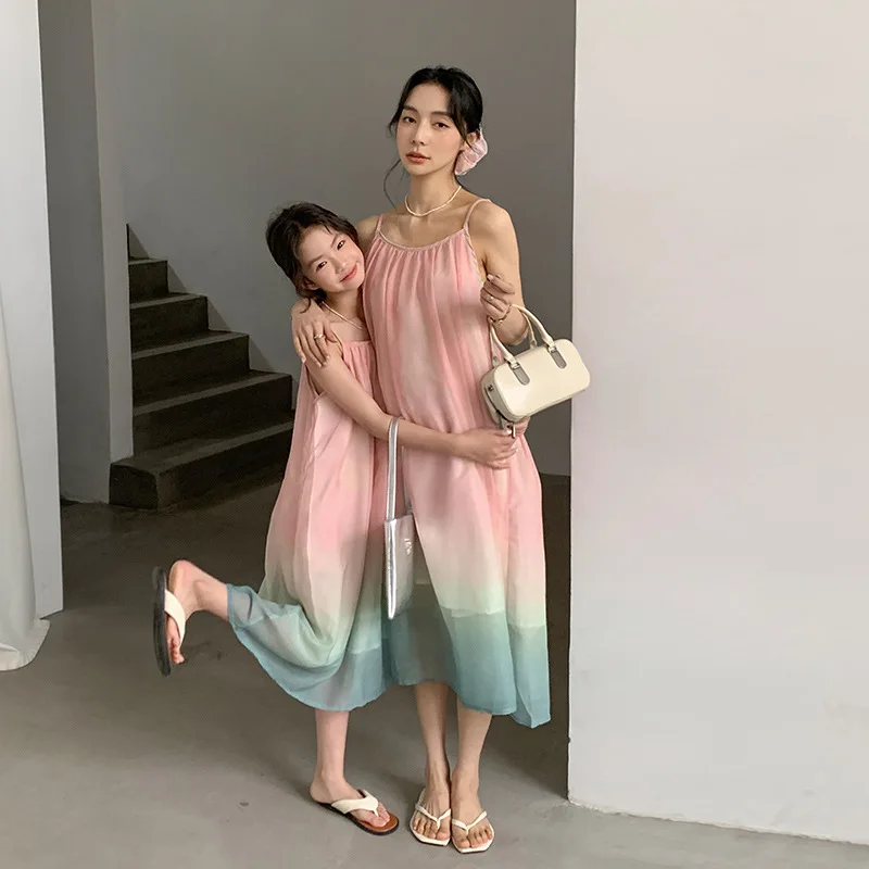 2026 Summer Mommy And Me Matching Dresses Ombre Gradient Cami Maxi Dress For Mom And Daughter Beach Vacation Wear