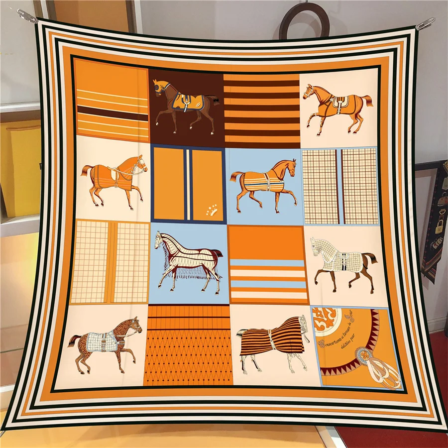 

90cm Twill Silk Scarf Shawl Luxury Checkered Horse Print Square Scarves Women Hijabs Bandana Foulard Head Neckerchief