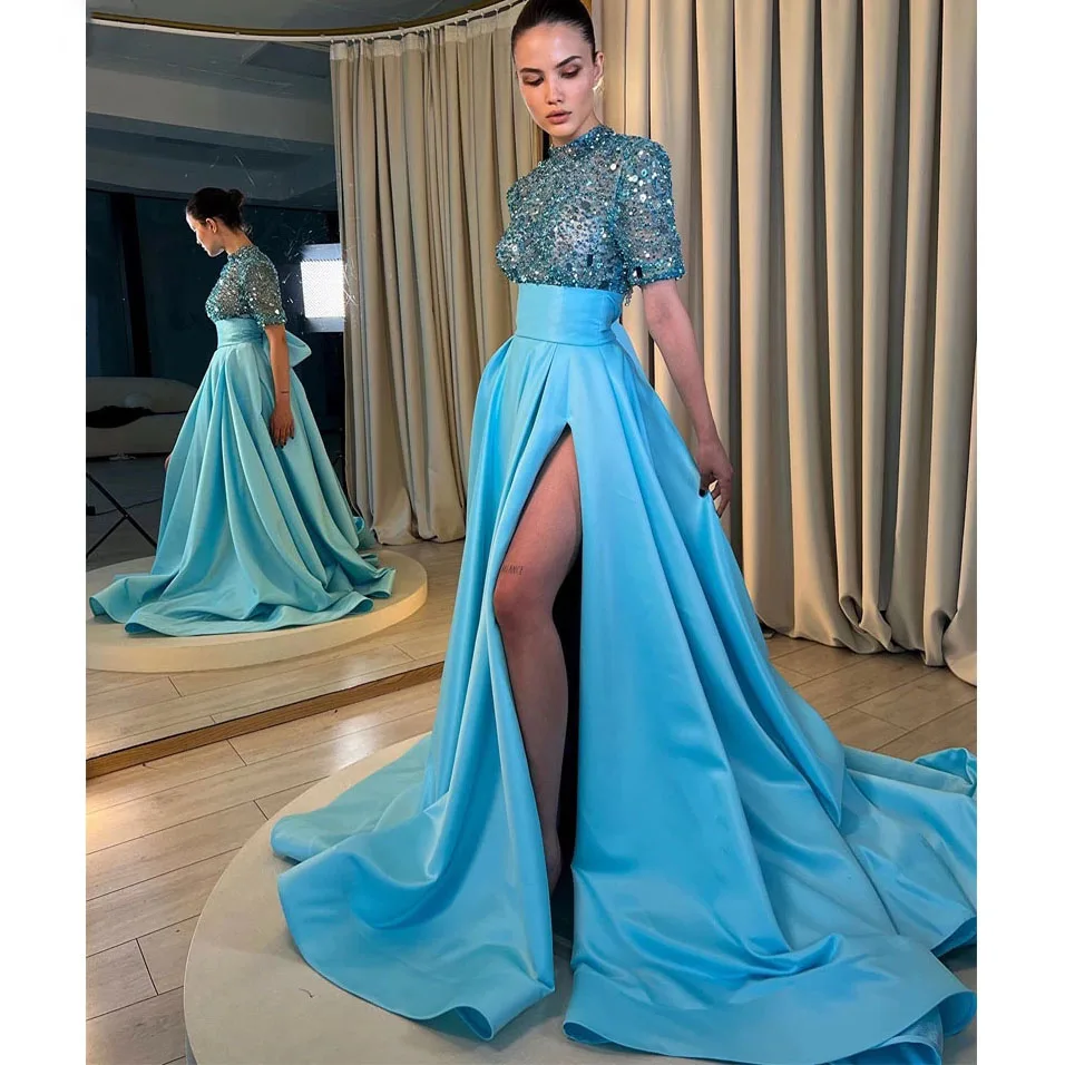 

Sky Blue Women Skirt Royal Waistline Elegant Prom Party Skirts Saia Faldas Custom Made Split Maxi Skirts for Women