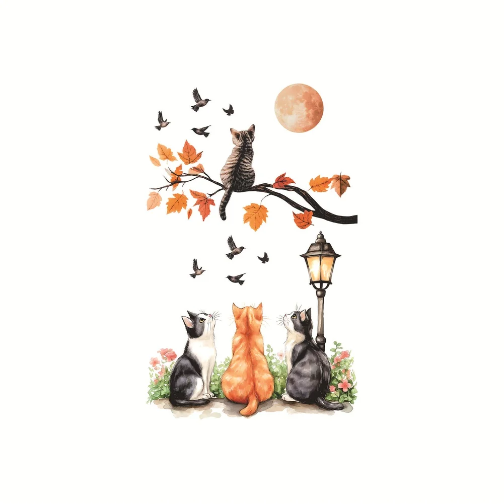 Orange PVC Autumn Night Cat Toilet Decal Wall Sticker for Bathroom Decor Modern Minimalist 27x24cm 27x19cm 40x29cm