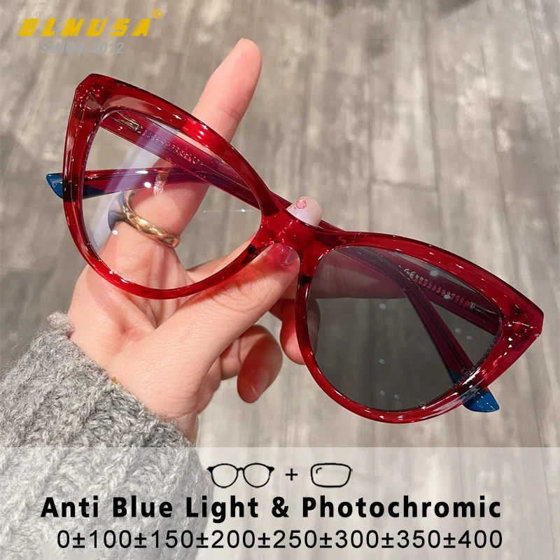 

BLMUSA Women Stylish Cat Eye Photochromic Frame Computer Anti Blue Ray Reading Glasses Customizable Prescription Myopia Glasses