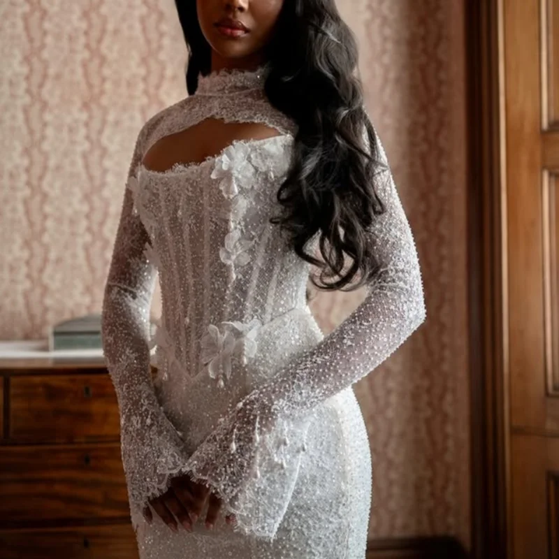 Shiny White Wedding Dresses off-shoulder The corset decal long sleeves mermaid skirt Bridal Gowns multi-layer Made ﻿Customize