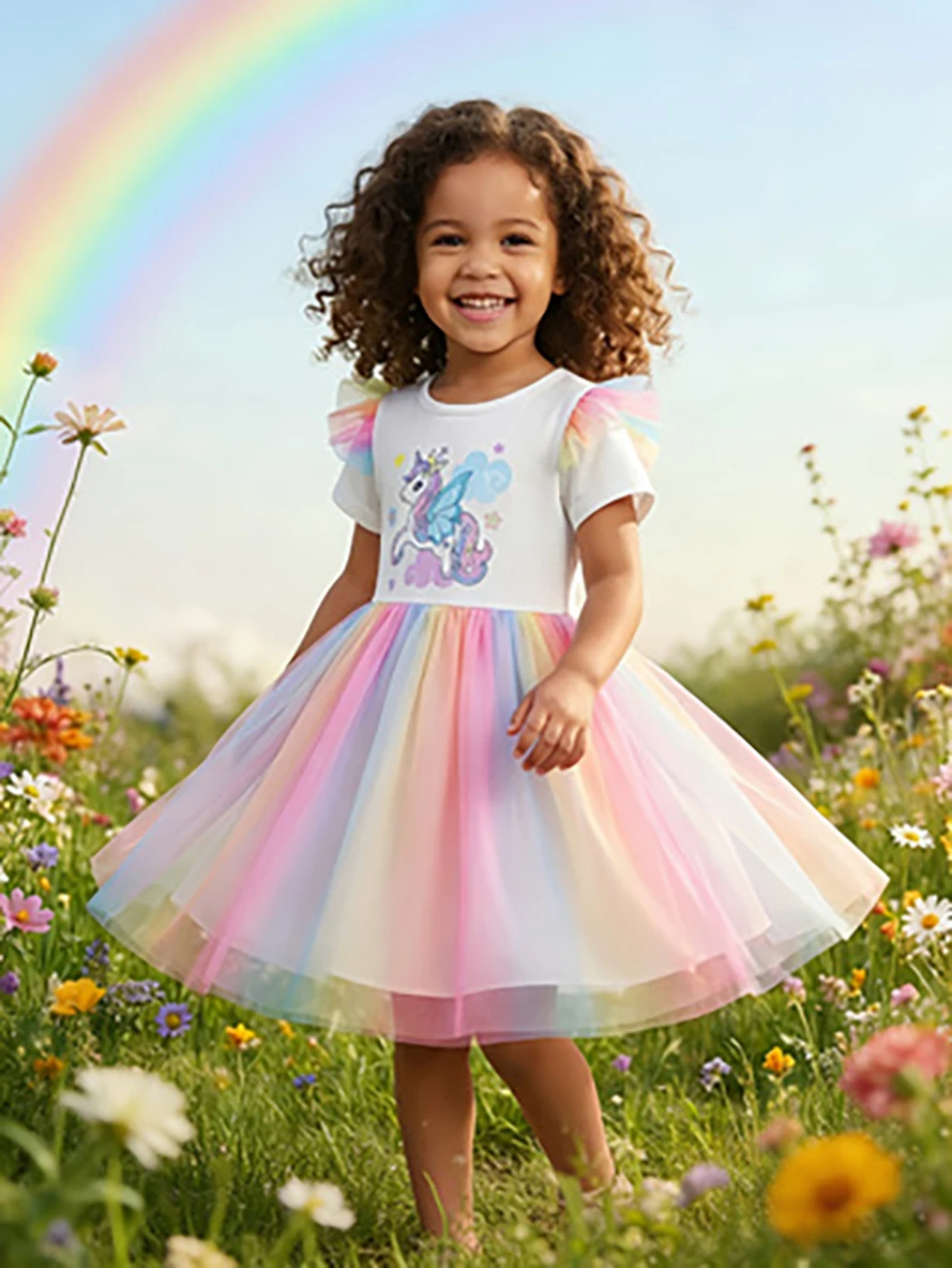 Robe de princesse rêveuse pour enfants, nouvelle jupe tutu en tulle arc-en-ciel licorne pour filles d'été, robe de cérémonie élégante pour petites filles