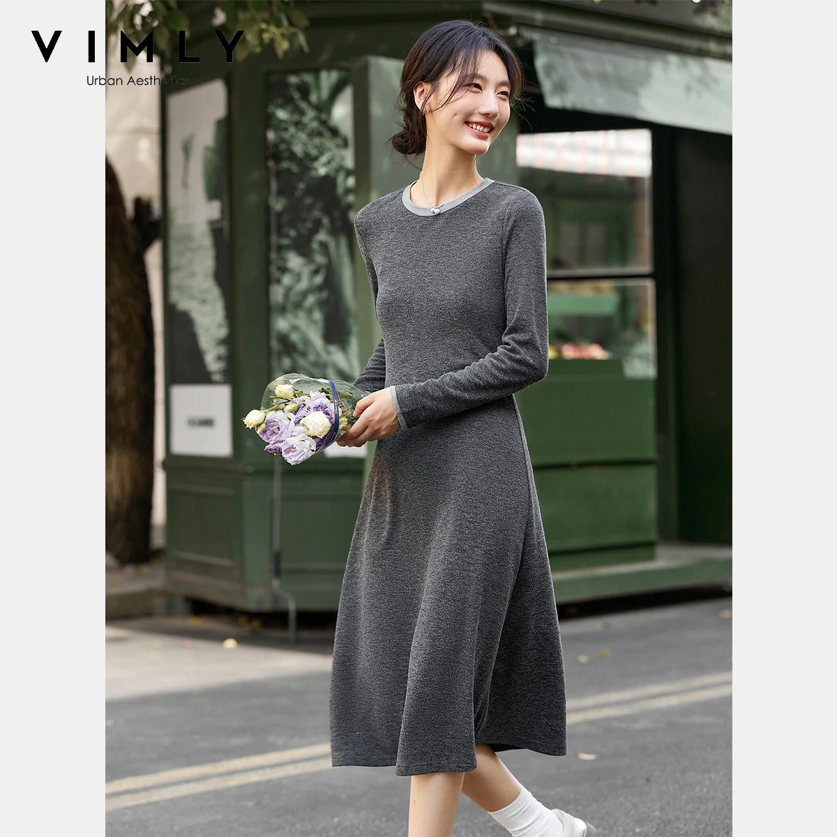 VIMLY Women's Grey Dresses Autumn 2025 Elegant Contrast Color O-neck Ladies Dress Casual Long Knitted Slim Female Dresses A2793 - Image 3