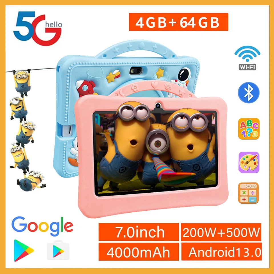 

7 Inch Kid Tablet Android 14 4GB RAM 128GB ROM WiFi 4000MAH Battery Dual Camera Children's Gift Kids Software With Silicon Cover