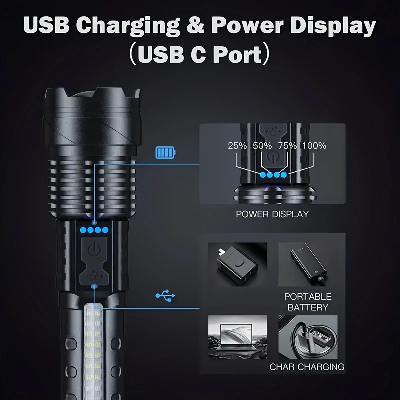 Rechargeable LED Flashlights Zoomable Torch with 18650 Battery 7Modes Waterproof High Power Hand LightFor Outdoor Camping Hiking