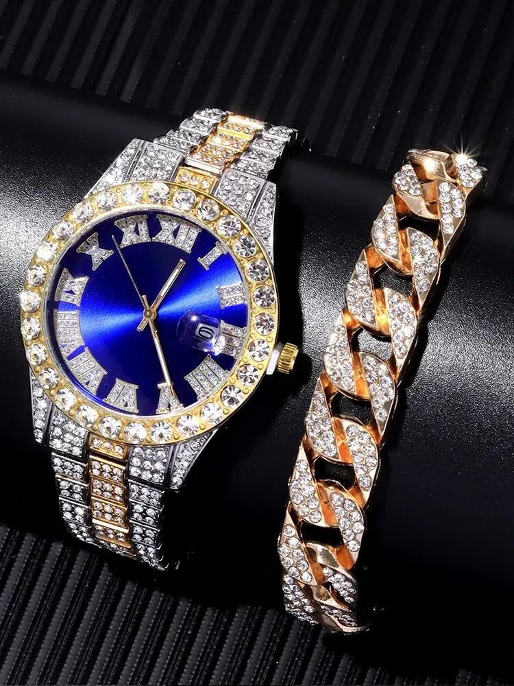 2PCs Fashion Luxury Full Diamond Steel Band Calendar Roman Scale Men\'s Steel Band Quartz Watch with Diamond Chain Bracelet Set