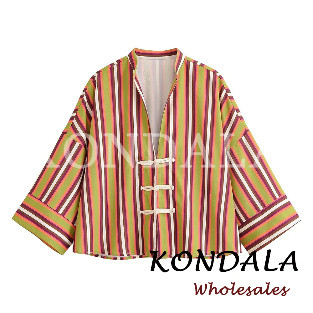 KONDALA Chic 2026 Striped Casual Women's Shirts Fashion Summer Vintage Loose Blouse Streetwear Elegant Modern Streetwear Shirts