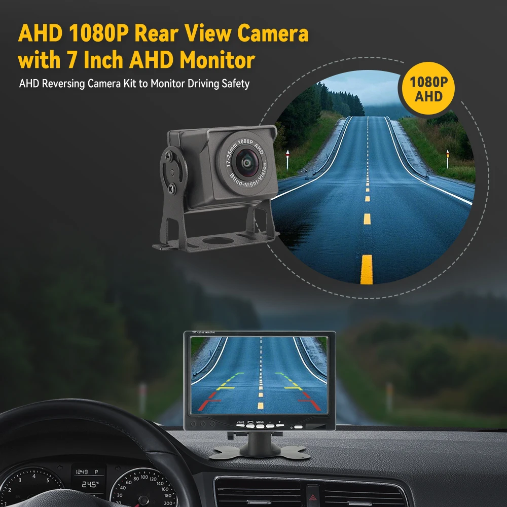 MJDOUD-Auto 170 °   AHD 1080P Rückfahrkamera mit AHD-Monitor für LKW-Parken 12–24 V Nachtsicht-Rückfahrkamera für 7-Zoll-Bildschirm