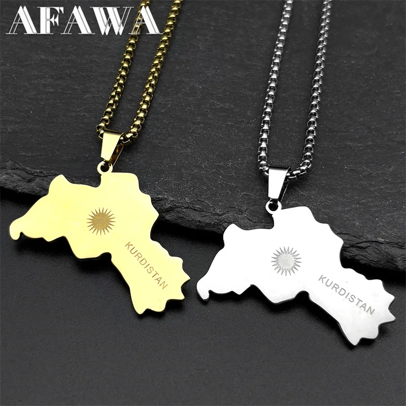Kurdistan Map Flag Sun Symbol Pendant Necklace for Men Women Stainless Steel Gold Color Ethnic National Geography Chain Jewelry