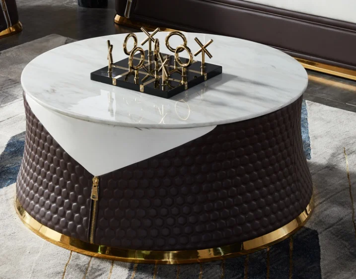 -For Light Luxury Italian Minimalist Villa Living Room Set Postmodern Cowhide Leather Sofa Gold-Plated Glazed End Coffee Table&