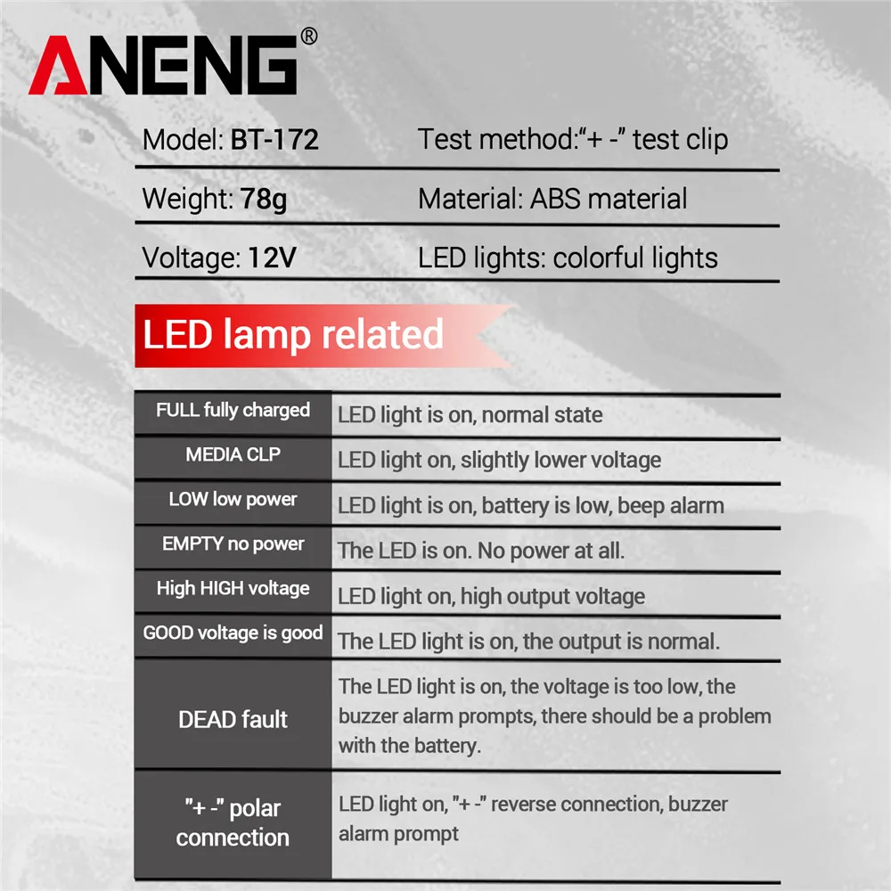 Car Battery Tester ANENG BT-172 12V Status Indicator Charge System Analyzer Voltage Meter Digital Display Alligator Clips Tool image 4