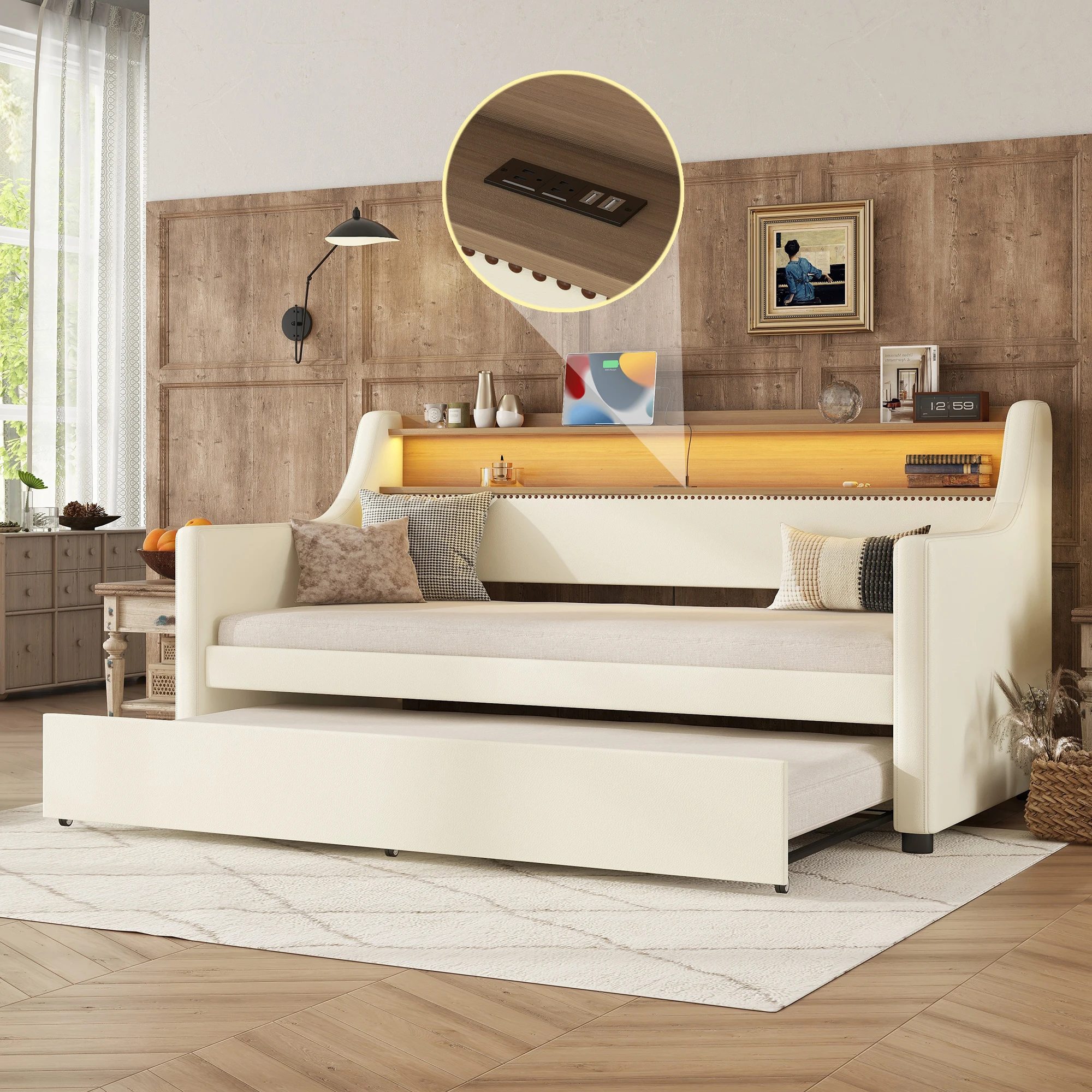 

Twin Size Daybed with Trundle, Upholstered Daybed with Charging Station and LED Lights, White 79.5x45.3x37.4 in.