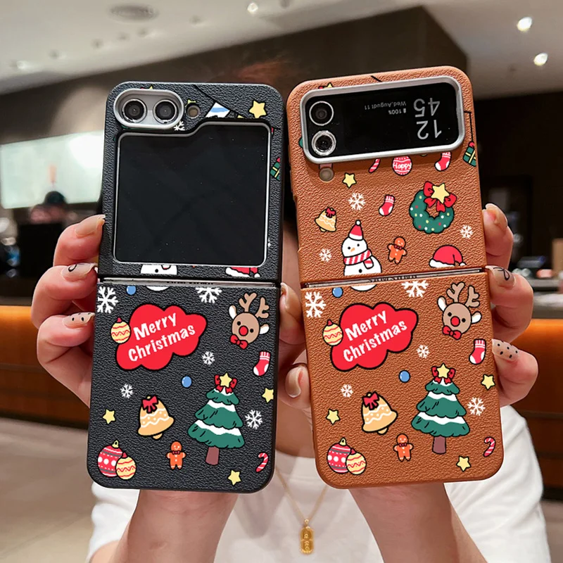 For Samsung Galaxy Z Flip6 Flip5 Flip4 Case Leather Texture Silicone Folding Cartoon Christmas Cover For Samsung Z Flip 6 5 4 3