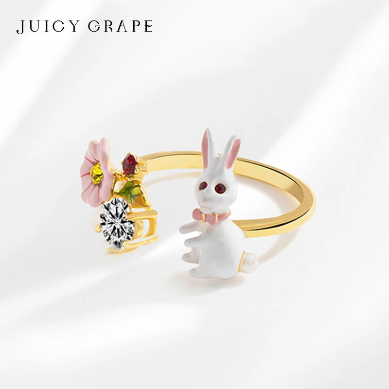 Juicy Grape Handmade Enamel Rabbit Ring For Women 2.4x1.6cm Flower Ring Artifical Zircon Lovable Animal For Girl Trendy Jewelry