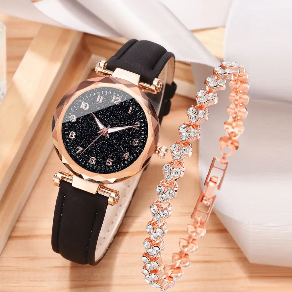 2pcs Luxury Fashion Women Watch Set Colourful PU Leather Strap Ladies Quartz Wristwatch Alloy Bracelet For Ladies Gift