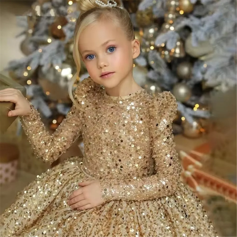 

Luxury Sequined Tulle Princess Flower Girl Wedding Dress Full Sleeves with Bow Girls Birthday Party Dress Performance Prom Gown