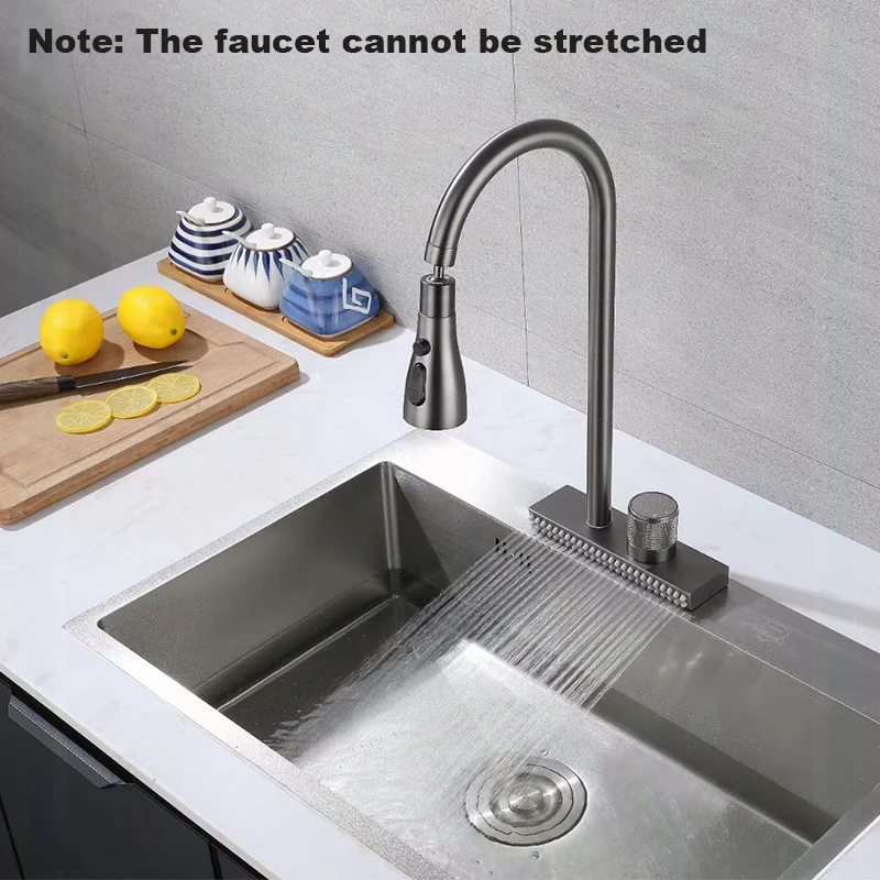 

Waterfall Sink Kitchen Faucet Hot Cold Mixer Wash Basin Multiple Water Outlets Rotation Flying Rain Tap Single Hole Grey