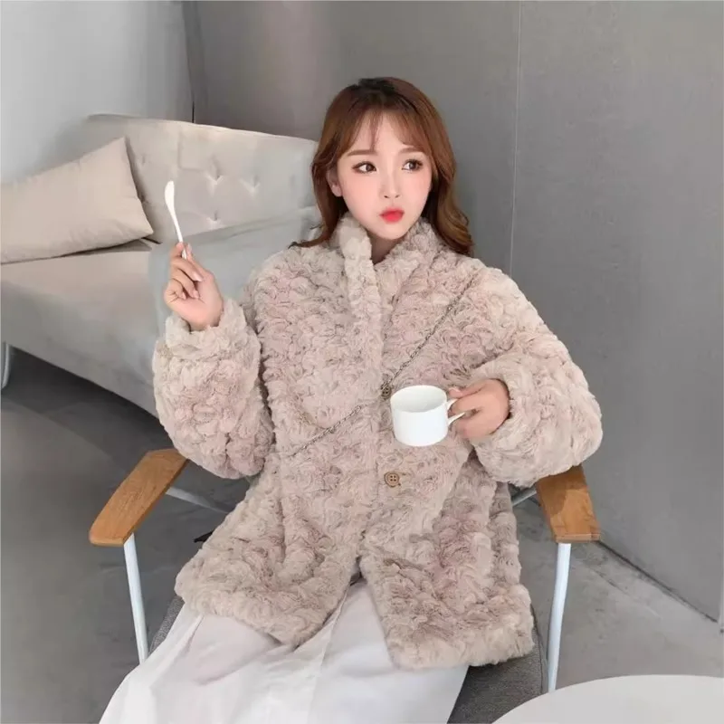 Mixed fur coat for women small stand-up collar brushed top new embossed plush clothing