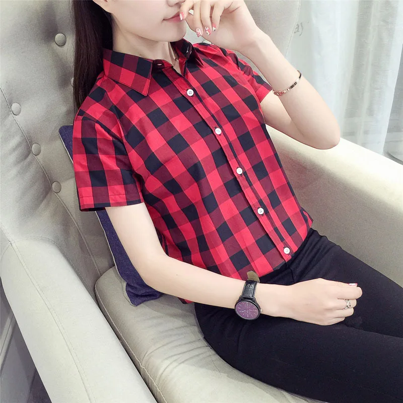 Casual Cotton Plaid Shirt Women 2023 Summer Female College Style New Short Sleeve Shirt Women Plaid Blouses and Tops Clothes