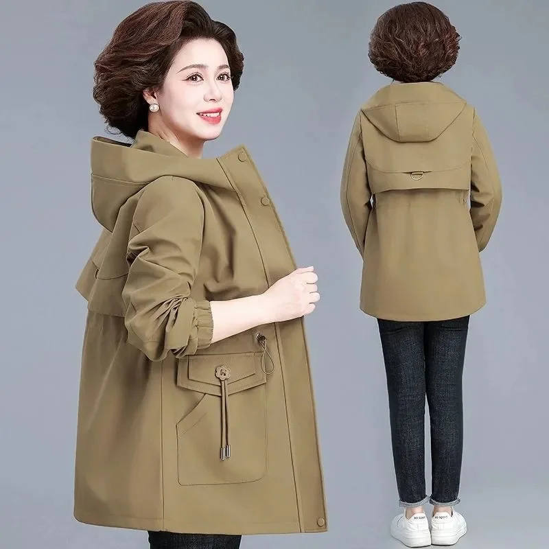 

Middle-Aged Mother Windbreaker Coat Women Spring Autumn2026New Hooded Jacket Long Casual Outerwear Western Style Overwear Ladies