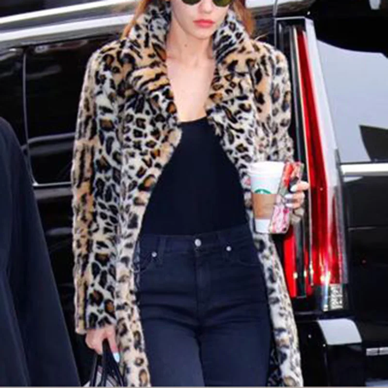 Fluffy Faux Fur Coat Women Winter Long Oversized Leopard Print Warm Soft Jacket Lapel Loose Fashion Cardigan Faux Fur Coat