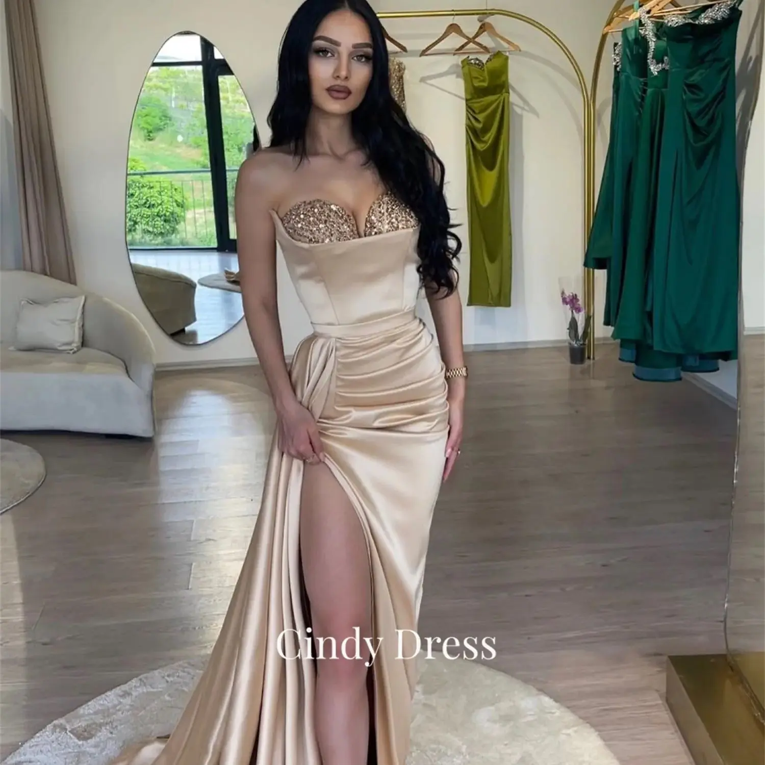 

Cindy Champagne Mermaid Sweetheart Sequins Satin Tail Wedding Dress Prom Women Evening Gown Elegant Party Dresses Luxury Women's