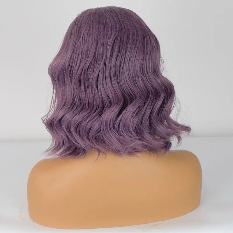 Perruque Lace Front Wig synthétique courte ondulée violette, cheveux en fibre, µ, haute qualité, degré de chaleur, raie latérale, pour femmes noires