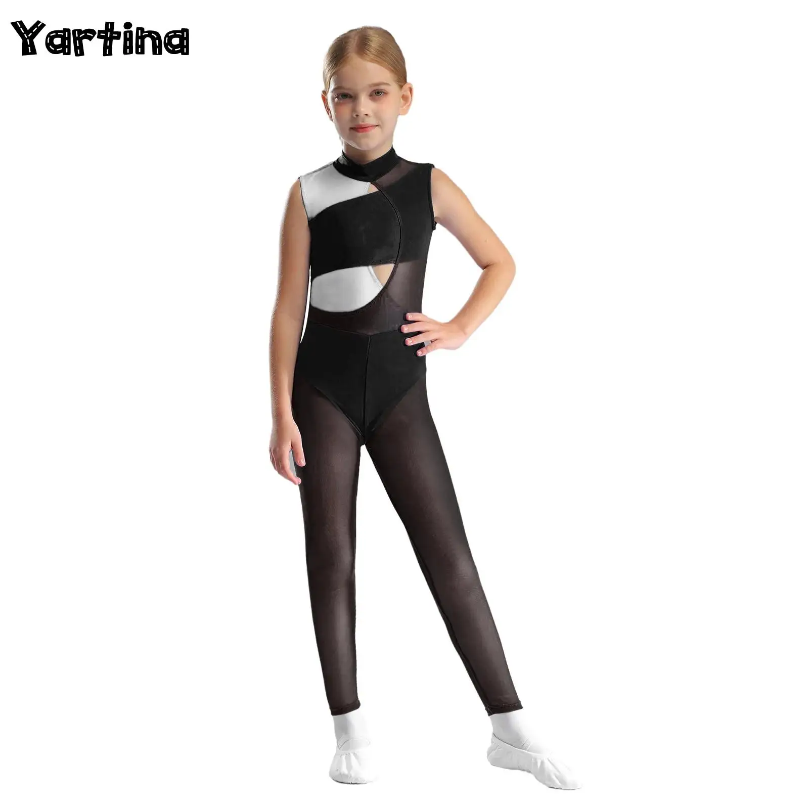 

Kids Girls Gymnastics Artistics Figure Skating Ballet Dance Unitards Costume Acrobatics Mesh Ballet Dance Leotards Jumpsuit