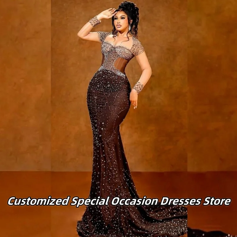 Brown Long Transparent Sleeves Mermaid Evening Dresses Luxury Wedding Party Dress Delicate Beaded Dinner Prom Gowns Customized