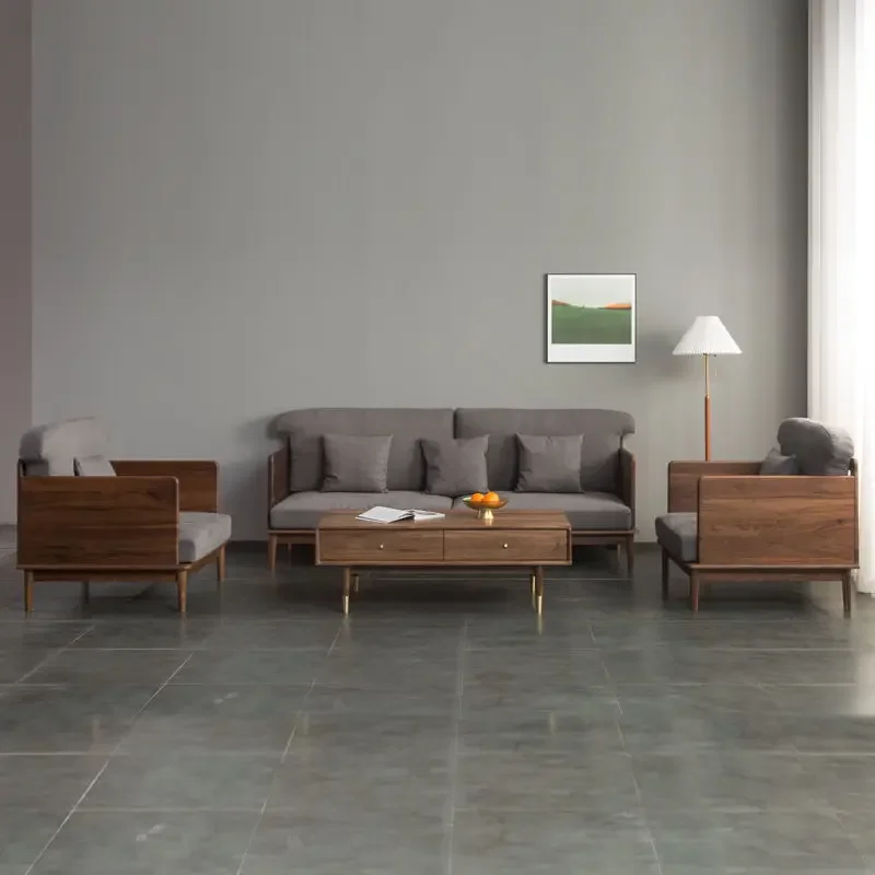 Nordic simple modern black walnut white oak log home fabric solid wood sofa,  furniture combination