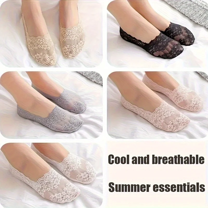 5 Pairs Of Spring And Summer Jacquard Lace Stockings with Anti Slip And Non Falling Heel. Short Socks In Multiple Colors