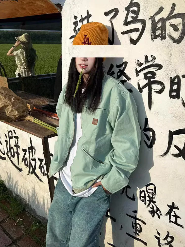 

Baseball Jackets Woman Green Womens Autumn Three-Button Closure Baggy Aviation Buckle Teens Turn-Down Outfits Deerskin Fitted OL