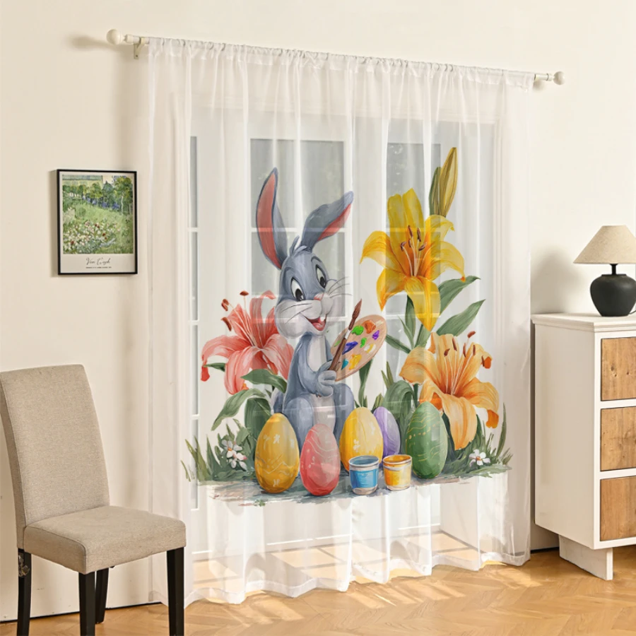 2PCS Digital Print Sheer Curtains, Gray Rabbit Artist Painter, Whimsical Creative Cute for Bedroom Living Room Home Decor