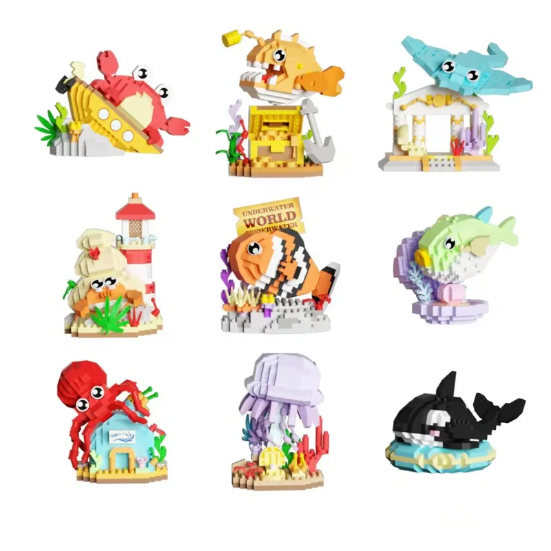 Blocs de construction d'épissure d'animaux marins populaires, requin, dauphin, poulpe, crabe, jouets, ornements éducatifs, cadeaux de vacances pour enfants